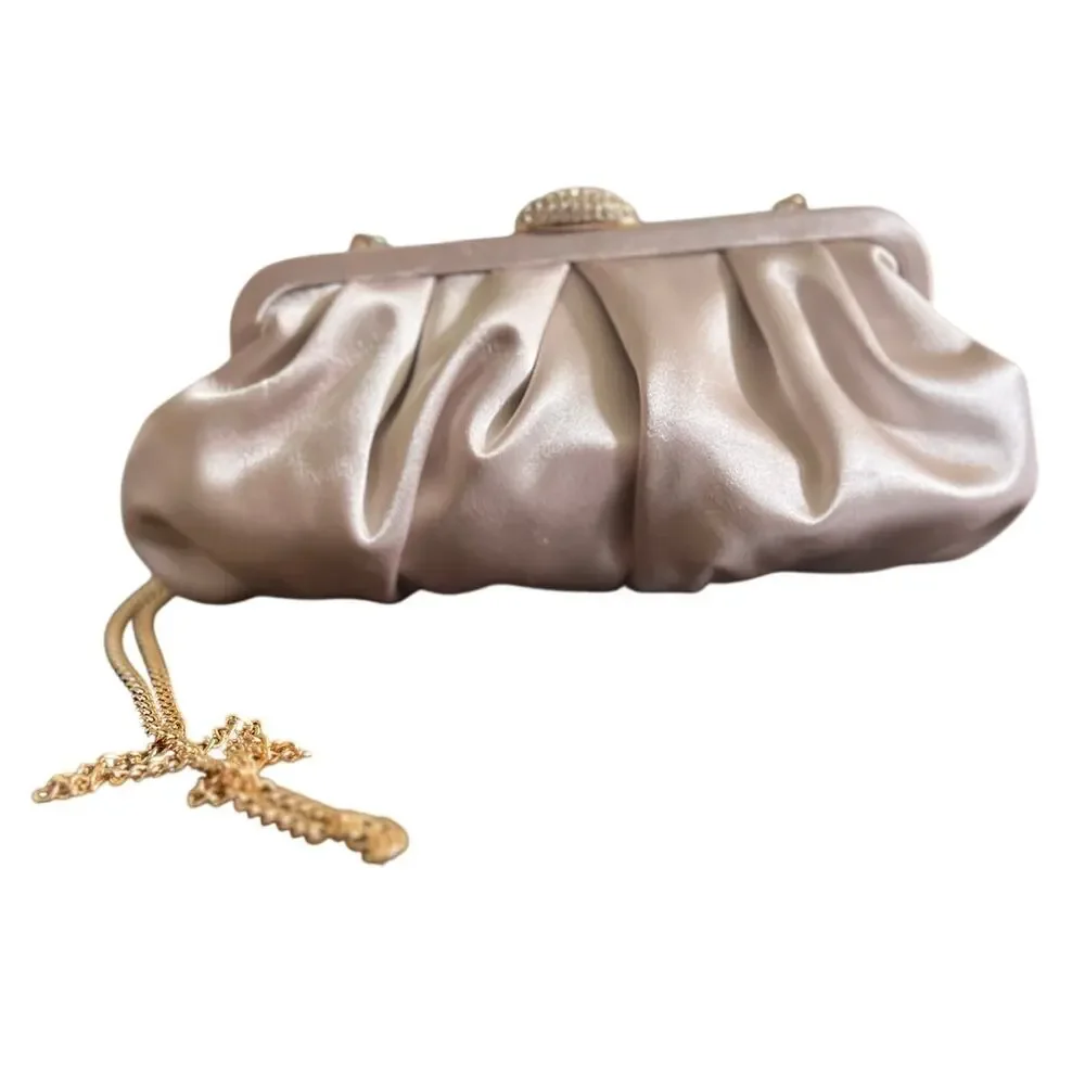 Kelly & Katie Evening Bag Pleated Clutch Satin Champagne Gold Rhinestone Chain
